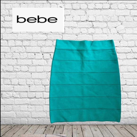BEBE BODY CON BANDAGE EXPOSED ZIPPER SKIRT  TURQUOISE - Picture 1 of 3